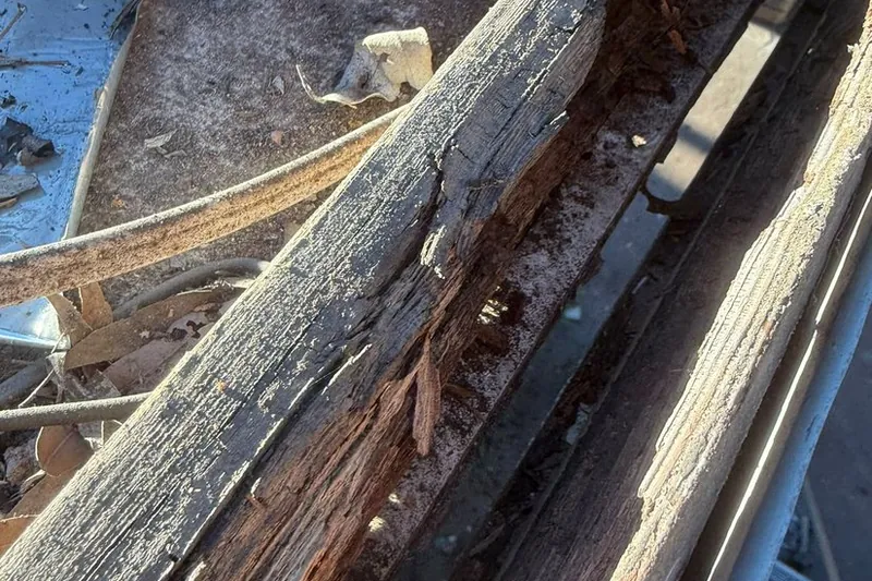 Roof timber battens rotted through by years of leaking